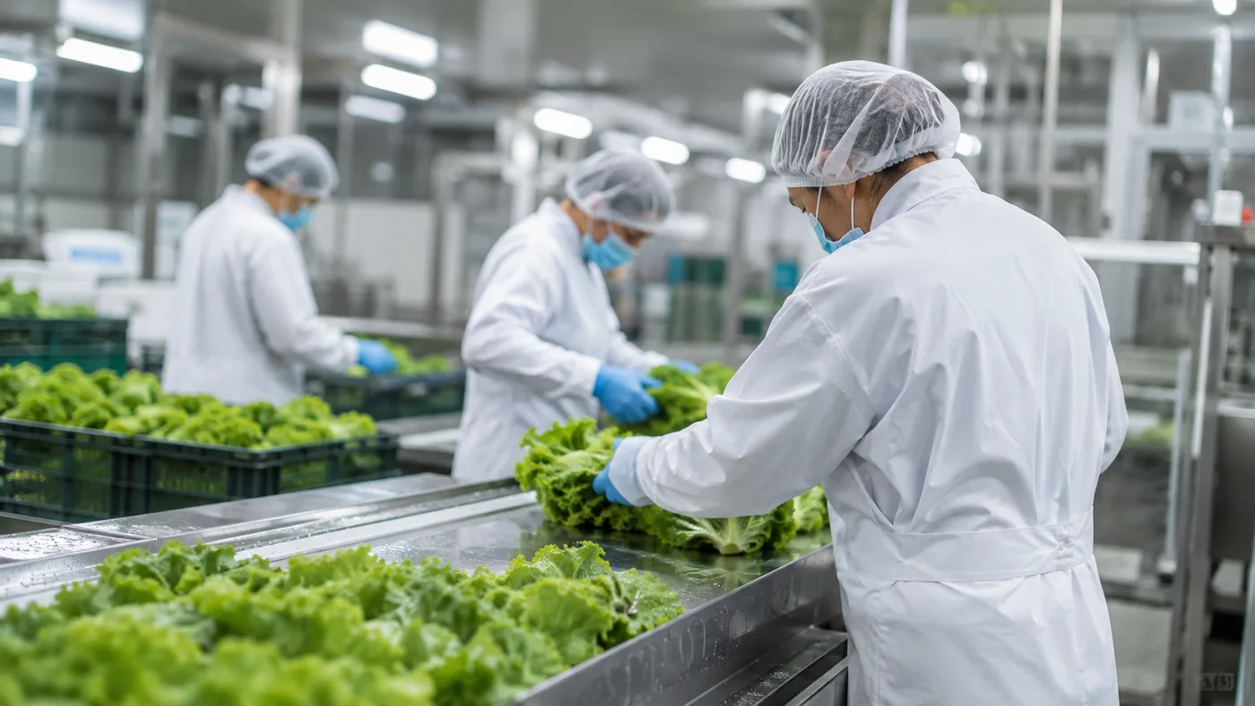 Personal de una planta de alimentos con bata, cofia, cubrebocas y guantes procesando producto en una línea de acero inoxidable.