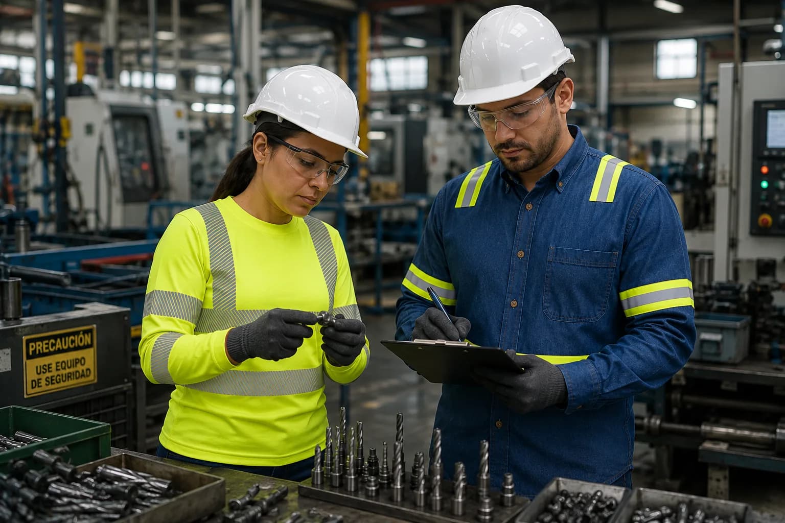 Personal de planta con uniforme de seguridad industrial: alta visibilidad y protección en piso automotriz.
