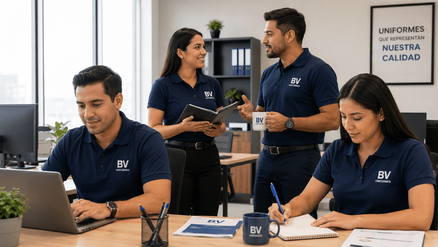 Equipo de oficina con polos BV Uniformes iguales y en buen estado, imagen consistente.