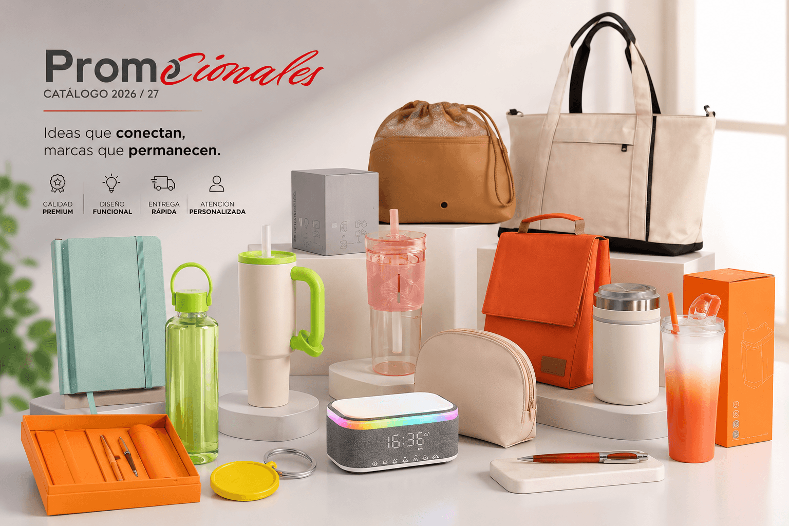 Artículos promocionales personalizados: termos, bolsas, libretas, plumas y gadgets con tu marca.