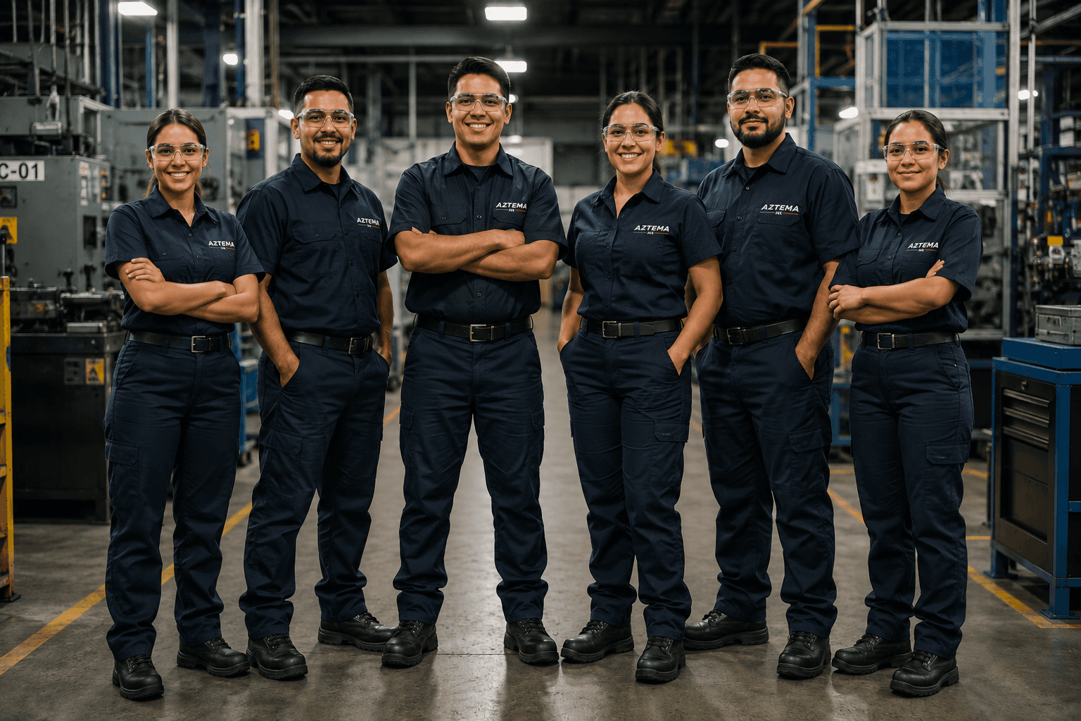 Equipo de planta con uniformes industriales de BV Uniformes: camisola y pantalón marino, lentes de seguridad y botas.