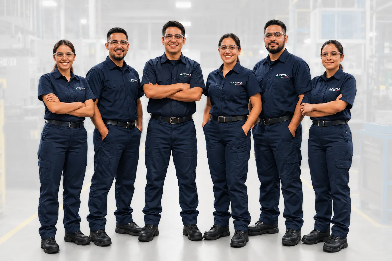 Equipo de planta con uniformes industriales de BV Uniformes: camisola y pantalón marino, lentes de seguridad y botas.