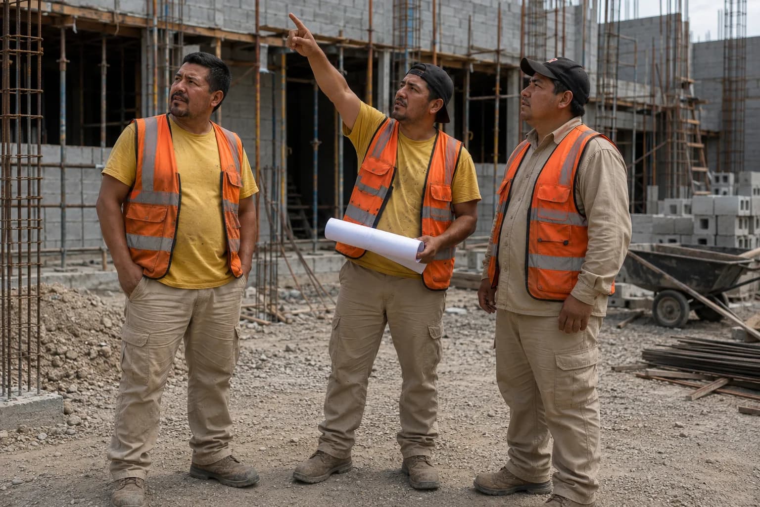 Cuadrilla de construcción con chalecos de alta visibilidad y camisa de trabajo revisando planos en una obra.